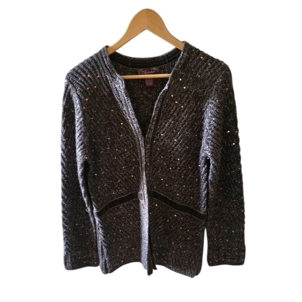 Artistica Chocolate Brown Sequined Long  Cardigan Sweater Vintage Size Medium